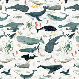 Deep Sea fabric by Windham Fabrics – ocean and sea fabric featuring whales, orcas, and coral reefs, available in limited stock at International Textiles Ltd, Canada. 55255D-2