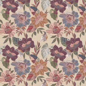 Floral stitches fabric from the A Garden of Stitches collection featuring intricate embroidery-inspired designs in a rich color palette. 5948 E