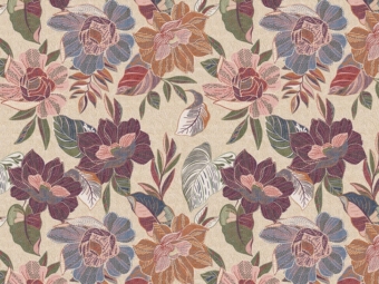 Floral stitches fabric from the A Garden of Stitches collection featuring intricate embroidery-inspired designs in a rich color palette. 5948 E
