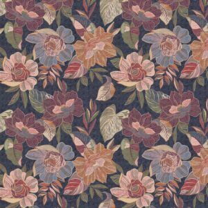 Floral stitches fabric from the A Garden of Stitches collection featuring intricate embroidery-inspired designs in a rich color palette. 5948 N
