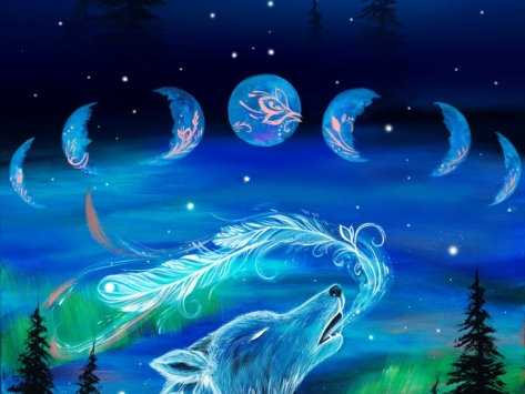 Indigenous fabric design Echoes of the Moon by Karen Erickson featuring a wolf, moons, floral elements, and northern lights, available at First Trend Fabrics in the USA. Wolf Panel KE-0004DP