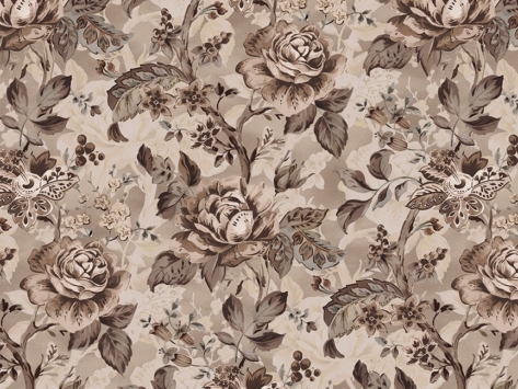 Dwell, a fabric collection featuring lush floral fabrics, tile designs, and delicate tossed blooms in taupe and cream, available at International Textiles in Canada. 54738-2