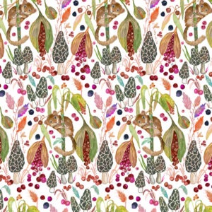 Forest Fruits fabric collection featuring illustrated wild berries, forest fruits, mushrooms, and flowers in a nature-inspired design, available at International Textiles in Canada. 54770D-1