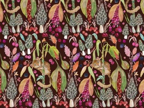 Forest Fruits fabric collection featuring illustrated wild berries, forest fruits, mushrooms, and flowers in a nature-inspired design, available at International Textiles in Canada. 54770D-2