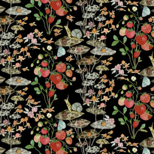 Forest Fruits fabric collection featuring illustrated wild berries, forest fruits, mushrooms, and flowers in a nature-inspired design, available at International Textiles in Canada. 54771D-3