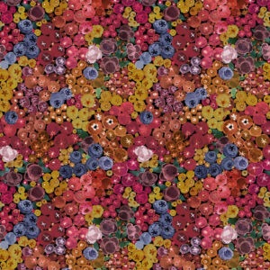 Forest Fruits fabric collection featuring illustrated wild berries, forest fruits, mushrooms, and flowers in a nature-inspired design, available at International Textiles in Canada. 54774D-2