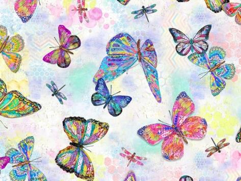 Shine On, a butterflies fabric design from Windham with birds, dragonflies, wildflowers, and inspirational quotes, available at International Textiles in Canada. 54841D-1