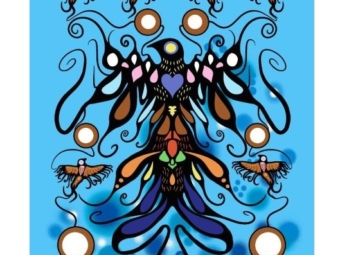 Indigenous fabric design Supporting Each Other by Cody James Houle featuring symbolic birds, coordinated borders, and a panel celebrating unity and connection.