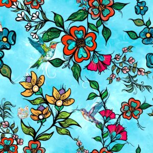 Indigenous floral fabric Tranquility by Carla Joseph with flower, handprint, and sweetgrass design. Allover Blue Flower