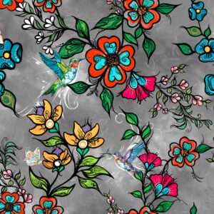 Indigenous floral fabric Tranquility by Carla Joseph with flower, handprint, and sweetgrass design. Allover DK grey flower