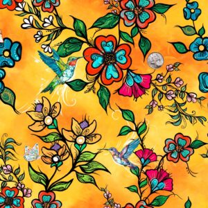 Indigenous floral fabric Tranquility by Carla Joseph with flower, handprint, and sweetgrass design. Allover Orange Flower