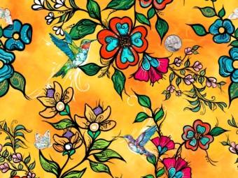 Tranquility Indigenous floral fabric design by Carla Joseph featuring flowers, sweetgrass motifs, and coordinating cotton, satin, and ribbon elements. Available in Canada at International Textiles Ltd.