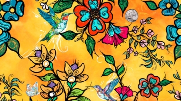 Tranquility Indigenous floral fabric design by Carla Joseph featuring flowers, sweetgrass motifs, and coordinating cotton, satin, and ribbon elements. Available in Canada at International Textiles Ltd.