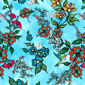 Indigenous floral fabric Tranquility by Carla Joseph with flower, handprint, and sweetgrass design. Satin Floral blue