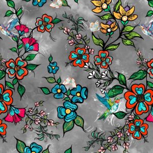 Indigenous floral fabric Tranquility by Carla Joseph with flower, handprint, and sweetgrass design. Satin Floral Dk grey
