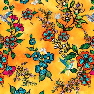 Indigenous floral fabric Tranquility by Carla Joseph with flower, handprint, and sweetgrass design. Satin Floral Orange