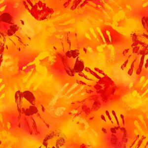 Indigenous floral fabric Tranquility by Carla Joseph with flower, handprint, and sweetgrass design. Handprint orange